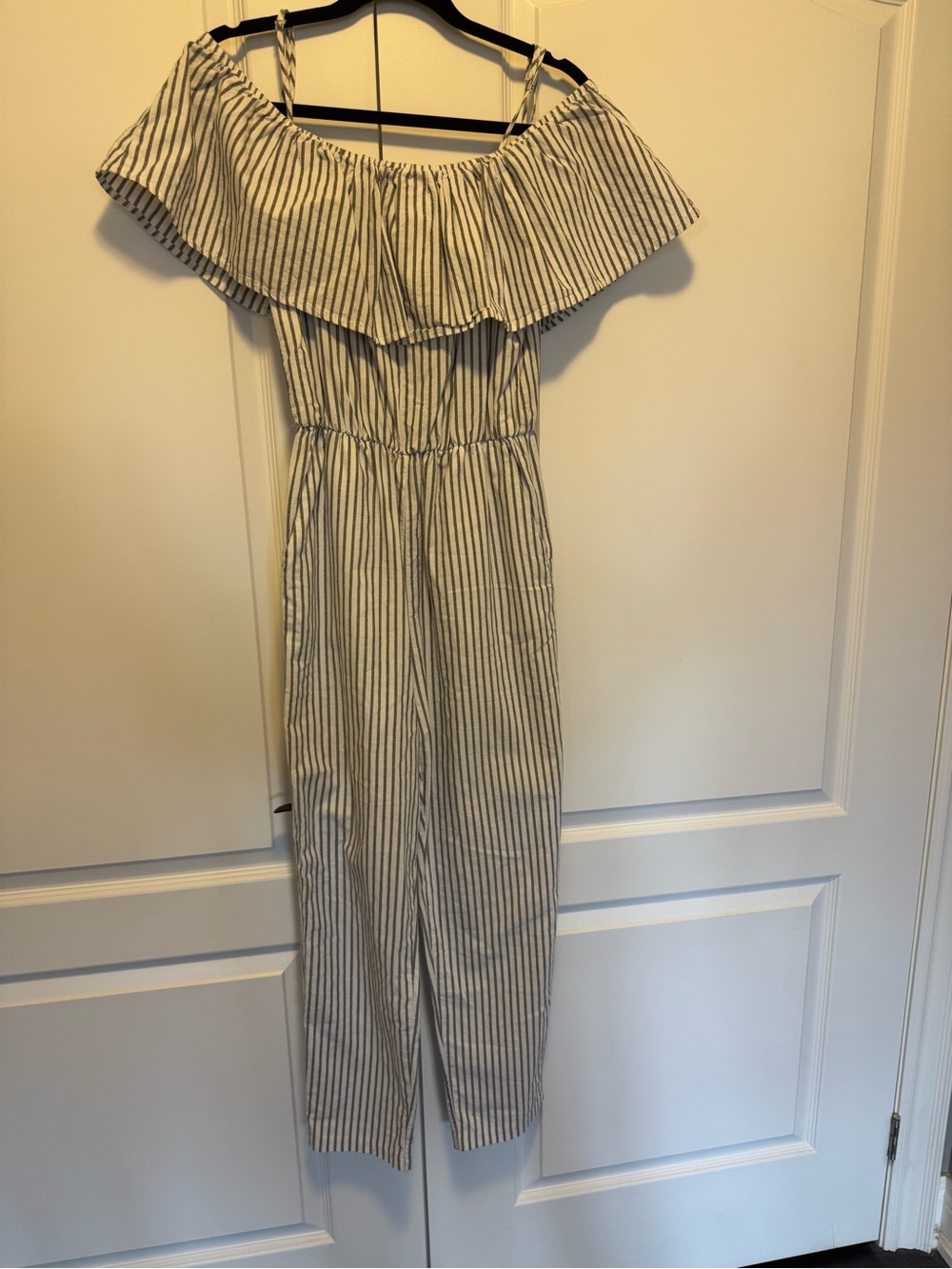 Striped Off-Shoulder Jumpsuit in White and Navy H & M